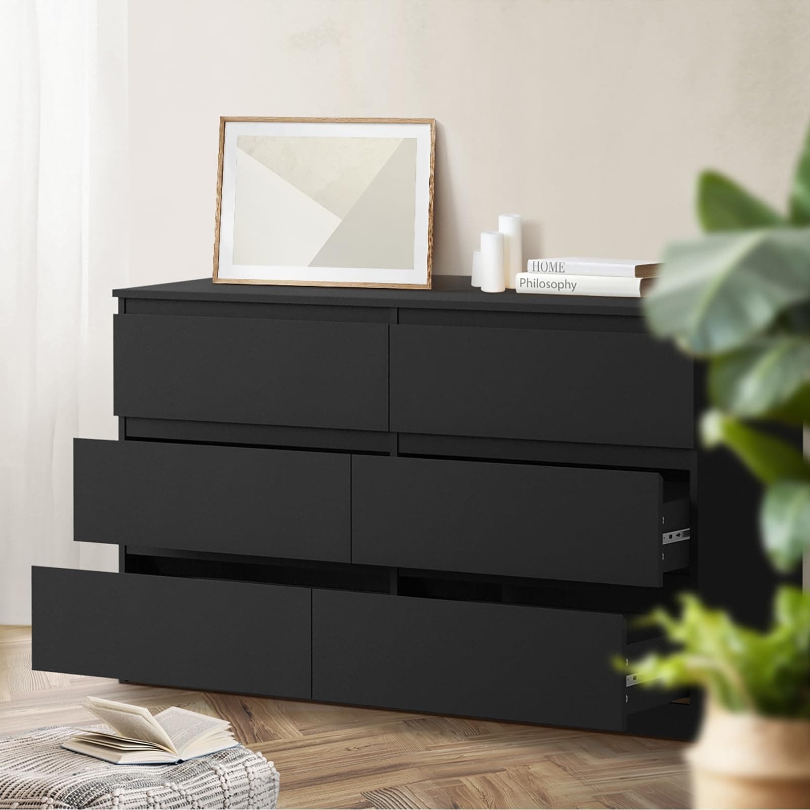 Oikiture 6 Drawer Black Dresser – Bedroom Storage Cabinet Chest | Versatile Spacious Sturdy thumbnail 3