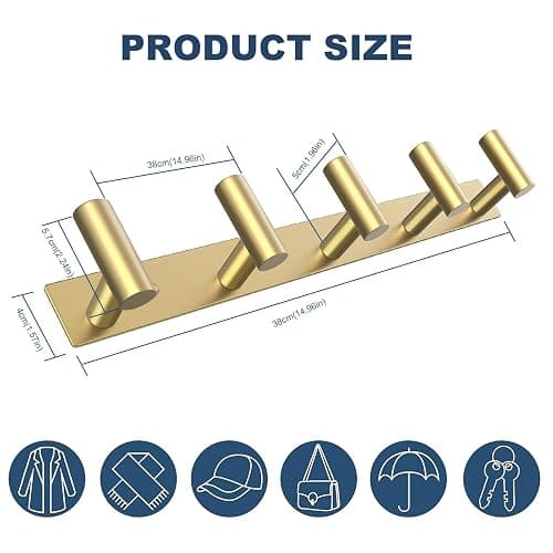 VAEHOLD Hat and Coat Wall Mount Rack - Hooks for Robes, Bags, Keys, and Towels - Bathroom Towel Hanger Organizer (Gold, “T“ Shape 5 Hooks 1 Pack) thumbnail 3