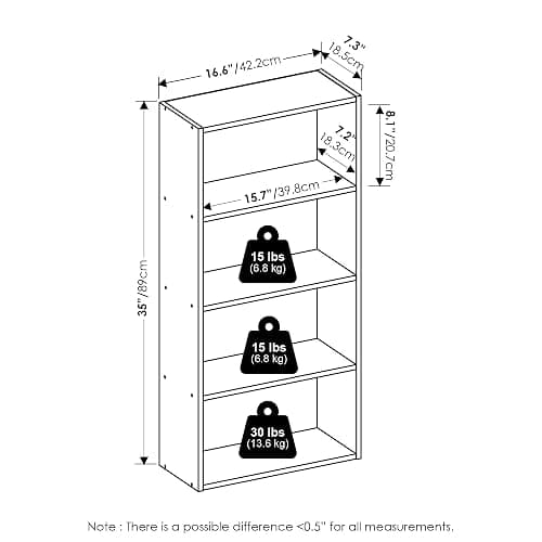 Furinno Basic Book Shelf, 4-Tier Bookcase with Open Shelf, Bookshelf, Cube Storage Organizer, 7 x 17 x 35, for Living Room, Bedroom, Home Office, White thumbnail 3