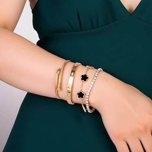 18K Gold Plated Womens Stackable Floral Gold Clover Bracelets Set Love Bangle Bracelets Non Tarnish, Nail Bracelet Set Trendy Jewelry,Gifts for Women's Day and Mother's Day thumbnail 4