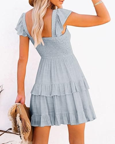 Fessceruna Womens Summer Ruffle Dresses Elastic Empire Waist A-line Layered Swing Flowy Mini Dress thumbnail 3