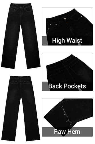 KDF Straight Leg Jeans for Women High Waisted Jeans Frayed Baggy Pants Raw Hem Loose Stretchy Cropped Wide Leg Jeans thumbnail 5