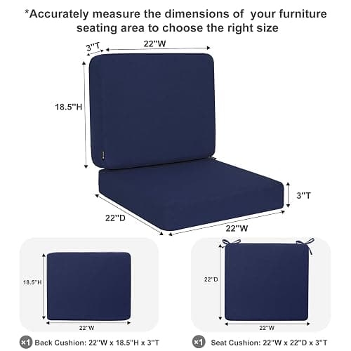 Favoyard Outdoor Deep Seat Cushion Set, 22 x 22 Inch Rainproof & 3-Year Fade Resistant Patio Furniture Cushions, Removable Seat Bottom & Back Cushion Covers with Ties for Chair, Sofa, Couch, Blue thumbnail 3