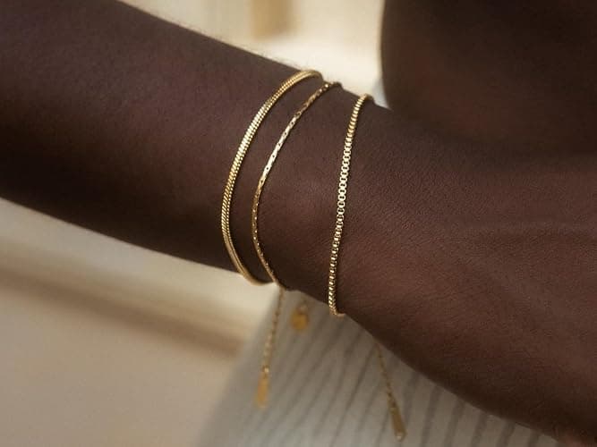 Gold Chain Bracelet for Women Men Trendy - 14K Gold Plated Bracelet Dainty Gold Snake Link Bracelet Stack Simple Jewelry Chain Set Adjustable Bracelet Accessories for Dad Husband 3 Pcs thumbnail 4