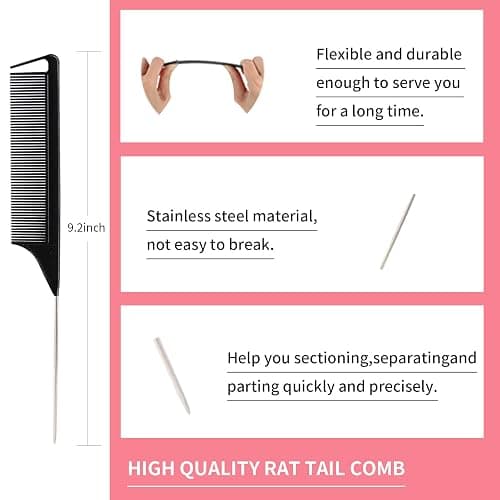 3 Pieces Hair Styling Comb Set Teasing Brush Rat Tail Comb Edge Brush for Edge&Back Brushing, Combing, Slicking Hair for Women (Black) thumbnail 4