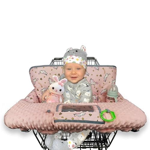 RHYDEER Shopping cart Cover for Babies-high Chair Cover, Dotted Minky Touching, Multi in 1 Design, 360 Full Protection, roll in and go, Universal fit, Pink Unicorns - Pink unicorns thumbnail 2