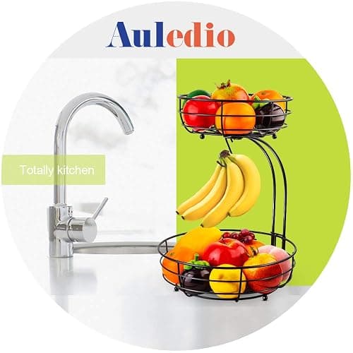 Auledio Iron 2-Tier Countertop Fruit Vegetables Basket Bowl Storage With Banana Hanger, Black, 64 ounces thumbnail 4