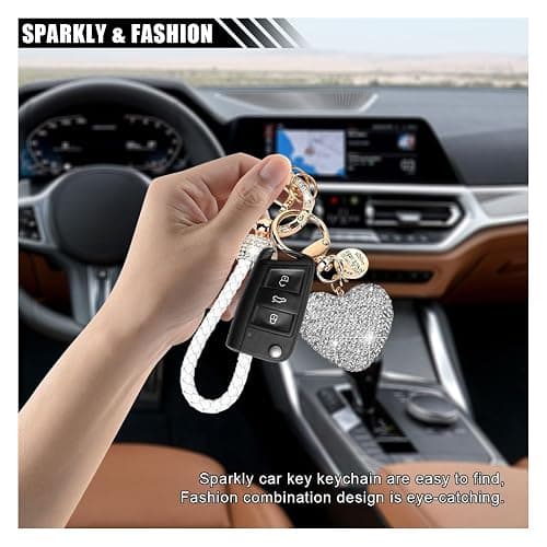 LAINLOY Sparkly Car Key Chain, Rhinestones Heart Shape Key Fob Holder for Women, Personalized Christmas Valentine's Day Presents (White) thumbnail 4