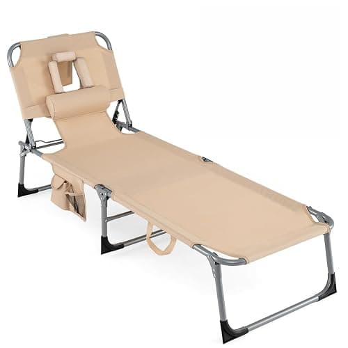 COSTWAY Tanning Chair with Face Hole, Folding Beach Lounge Chair with 4-Position Adjustable Backrest, Pillow & Side Pocket, Foldable Chaise Lounge Chair Outdoor for Sunbathing, Camping (1, Beige) - Image 1