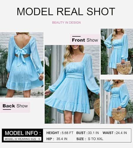 Dokotoo Womens Dress Long Lantern Sleeve Square Neck Tie Backless Sexy Dress Ruffle Elastic Waist A-Line Mini Dress thumbnail 4