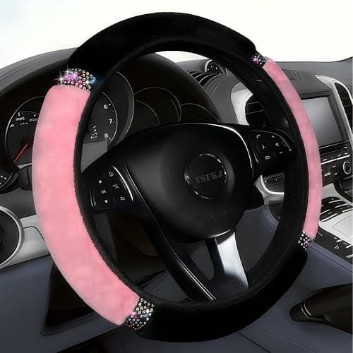 YSFKJ Fluffy Steering Wheel Cover, Universal 15 Inch Colorful Rhinestones Car Steering Wheel Cover, Sparkly Crystal Diamond Steering Wheel Protector for Women Girls,Pink - Image 1