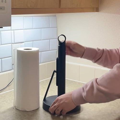 theaoo Heavy-Duty Stainless Steel Paper Towel Holder with Tension Arm – Easy One-Handed Tear, Modern Standing Countertop Dispenser for Kitchen, Holds All Paper Towel Rolls (1, Black) thumbnail 5