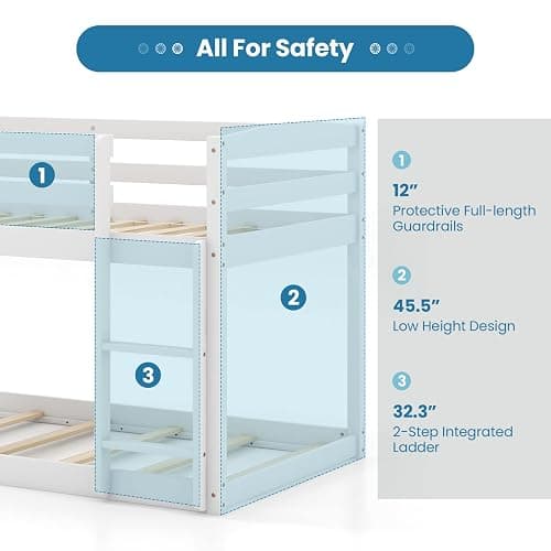 KOMFOTT Low Bunk Bed Twin Over Twin, Solid Wood Bunk Bed Frame with Built-in Ladder & Safety Guardrails, Space-Saving Low Bunk Bed for Kids, Teens, No Box Spring Needed thumbnail 6