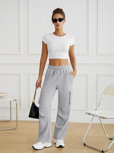DLOODA Wide Leg Cargo Sweatpants Women Drawstring High Waisted Baggy Sweat Pants Stretchy Cotton Pants with Pockets thumbnail 6
