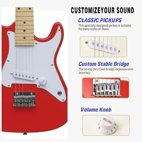 CB SKY 30 Inch Kids Electric Guitar Beginner Kit, Junior Size Mini Electric Guitar for Children with Amplifier (battery/adaptor not included) and Guitar bag, Unisex Red thumbnail 2