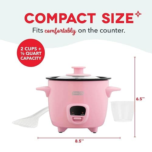 DASH Mini Rice Cooker Steamer with Removable Nonstick Pot, Keep Warm Function & Recipe Guide, Half Quart, for Soups, Stews, Grains & Oatmeal - Pink thumbnail 2