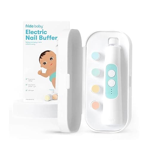 Frida Baby Electric Nail Buffer | Safe + Easy Baby Nail File, Baby Nail Clippers + Nail Trimmer Kit for Newborn, Toddler, Children's Fingernails/Toenails, 4 Buffer Pads, LED Light, Storage Case, White - Electric Nail Buffer