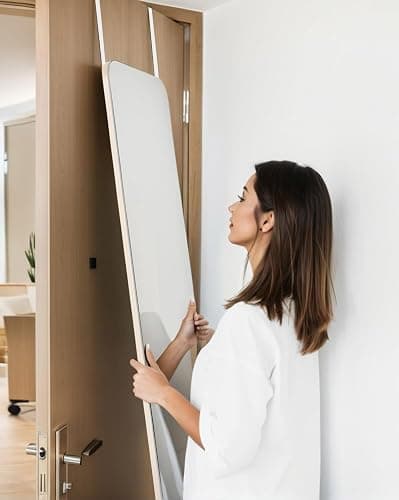 DMWOODFL 48"x14" Rounded Rectangle Over The Door Mirror - Full Length Tempered Glass & Aluminum Frame, No Drill Installation for Bedroom, Bathroom, Closet, Entryway (Silver White) thumbnail 3