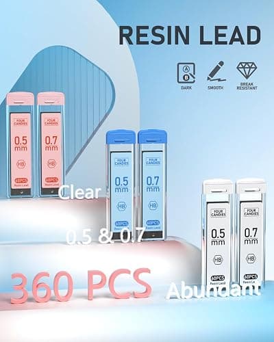 Four Candies Mechanical Pencil Set with Case, 6PCS Aesthetic Mechanical Pencils 0.5 & 0.7mm with 360PCS HB Lead Refills, 3PCS Erasers, 9PCS Eraser Refills for writing, drawing and sketching - 0.5mm + 0.7mm thumbnail 5