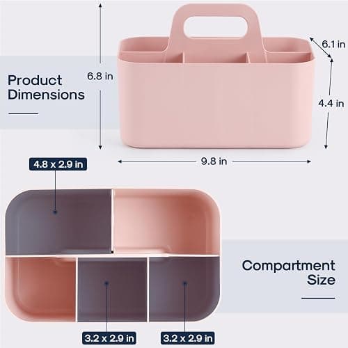 Multiuse Caddy Organizer with Handle, Portable Divided Plastic Tote Bin - Art Craft, Stationary Pen Marker Crayons, Makeup Hair Supplies Storage - Bathroom, Classroom, Dorm, Office, Desk Holder - Pink thumbnail 3