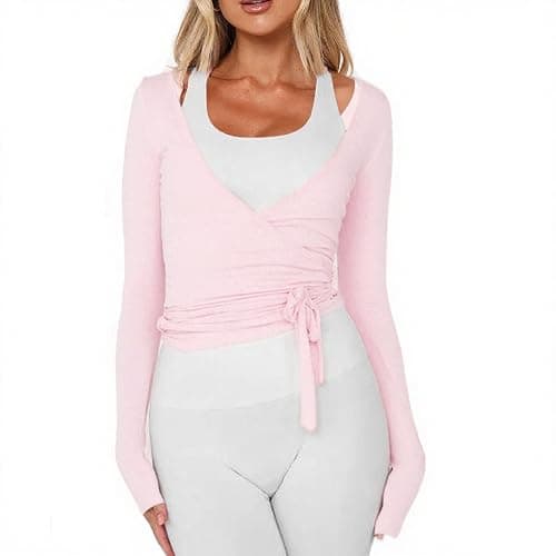 Women Wrap Tie Top Y2k Long SLeeve Ballet Workout Yoga Shirt Coquette Blouses - Image 1