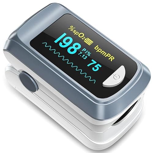 Fingertip Pulse Oximeter Blood Oxygen Saturation Monitor Pulse Ox, Heart Rate and Fast Spo2 Reading Oxygen Meter with OLED Screen Included Lanyard and 2 X AAA Batteries - Gray