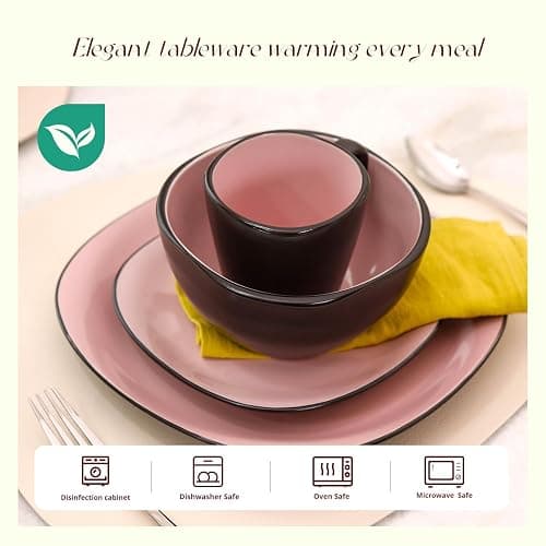 HomeVss, Stoneware Square 16pc Dinnerware Set, Inside Shiny Rose + Outside Matte Black thumbnail 5
