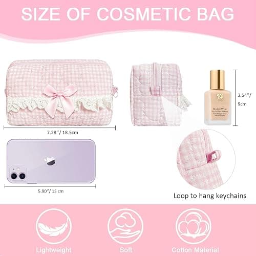 Modacarry Small Quilted Makeup Bag Touch-up Pouch Coquette Cosmetic Bag for Women Girls (PINK CHECKERED) thumbnail 4