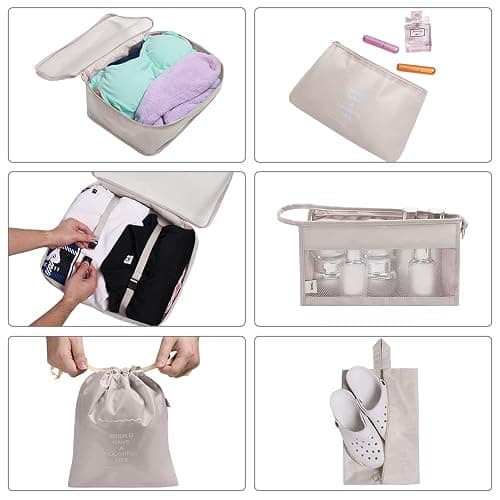 OSDUE Koffer Organizer Set 8-teilig, Packing Cubes, Wasserdichte Reise Kleidertaschen, Packtaschen für koffer, Verpackungswürfel mit Kosmetiktasche, Schuhbeutel, USB Kabel Tasche (Beige) thumbnail 5