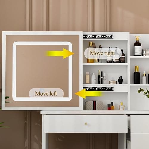 Make Up Vanity Desk with Mirror and Lights,White Vantity Set with 4 Drawers and Hidden Shelves,Girls Dressing Table with Lights and Stool,Small Vanity with Sliding Mirror for Bedroom Dressing Room thumbnail 5