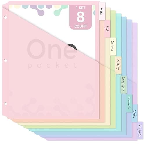 SKYDUE Pastel Binder Dividers with Pockets – 8-Tab Durable Plastic Dividers for 3-Ring Binder, Single Pocket File Organizers with Matching Label Stickers - Image 1