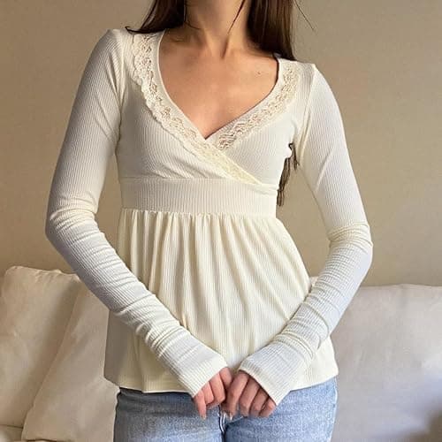Y2k Long Sleeve V Neck Tops for Women Vintage Ribbed Top Fall Lace Trim Shirt Going Out Coquette Clothes thumbnail 2