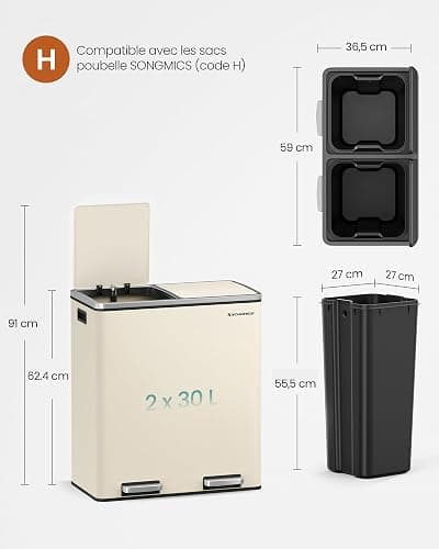 SONGMICS Poubelle à Double Compartiment 2 x 30 L, avec 15 Sacs Poubelles, Pédales en Métal, 2 Seaux Intérieurs en Plastique, Couvercles, Poignées, Fermeture en Douceur, Couleur Crème LTB060A01 thumbnail 6