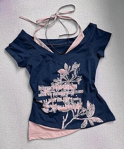 Y2k Baby Tee Women Crop Top Summer 2025 Streetwear 2000s Goth Emo Grunge Shirts Fake 2 Piece Grahpic Tees thumbnail 4