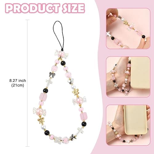 BEEFLYING Beaded Phone Charm Wrist Straps Y2K Phone Bracelet Lanyard, Cute Cyrstal Butterfly Flower Cellphone Wristlet Strap for Keychain Bag Charm thumbnail 2