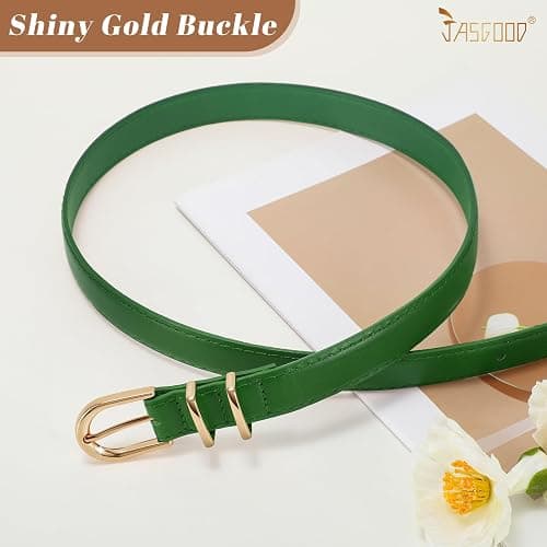 JASGOOD Women Skinny Leather Belt for Jeans Pants Fashion Ladies Thin Belt for Dress with Gold Single Prong Buckle thumbnail 3