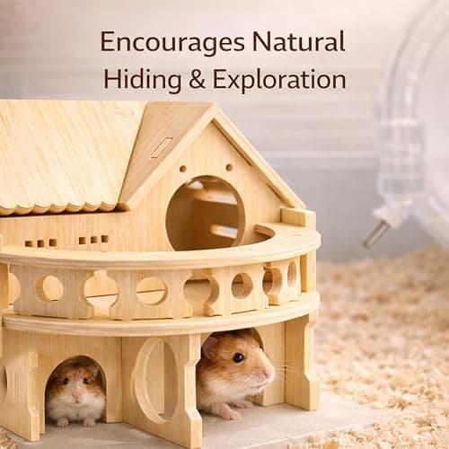 Improved Safety Large Balcony Small & Cute Wooden Hamster House with Large Balcony – Double-Decker Forest-Style Hut for Dwarf Hamsters, Mice, Gerbils, Rats & Small Pets (Compact Size Only) thumbnail 7