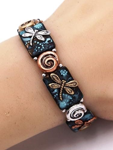DianaL Boutique Dragonfly Embossed Metal Stretch Bracelet Charm Patina Finish thumbnail 2