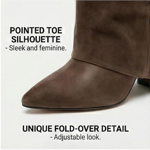 Silanway Women's Knee High Boots Leather Fold Over Pointed Toe Gold Buckle Stacked Heel Dress Casual Slouchy Mid Calf Booties thumbnail 6