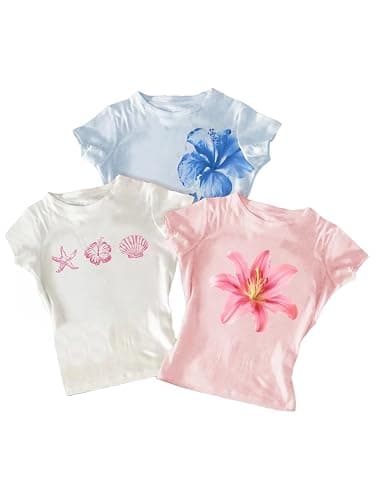 RoseSeek Girl's 3 Packs Graphic Tees Vacation Hibiscus Top Crewneck Short Sleeve Cute Summer T Shirt - Image 1