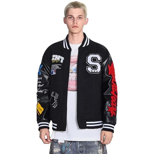Arnodefrance Men Saint Savior Graphic Print Varsity Jacket Vintage Baseball Jackets streetwear Coats - Large - Black thumbnail 3
