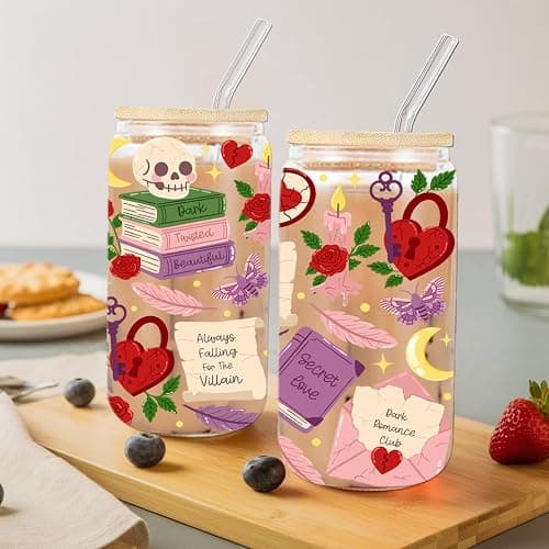 kdxpbpz Dark Romance Book Lover Iced Coffee Cup, Fantasy Bookish Glass Tumbler, 16 oz Cozy Reading Coffee Glass Cup with Lid Straw, Christmas Stocking Stuffers, Dark Academia Book Lover Gift thumbnail 6