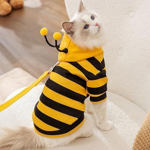 Selena Cat Bee Antennae Costume Hoodies Cute Bee Stripes Dog Kitten Puppy Pet Apparel (Medium,Yellow&Black) thumbnail 2