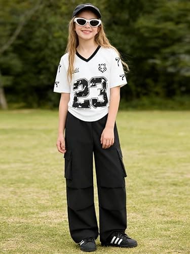 Afsmlys Tween Girls Clothes Short Sleeve Graphic T-Shirt Top + Cargo Pants 2pcs Outfit Set, Size 7-15Years thumbnail 2