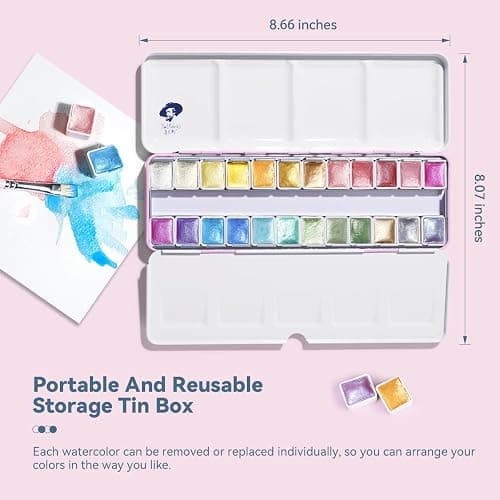 Paul Rubens Artist Watercolor Paints-Metallic Glitter Solid Colors-Pink Portable Metal Case with Palette-24 Color Set Sparkle Watercolor thumbnail 2