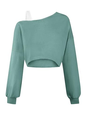 Remidoo Off The Shoulder Tops for Women Cropped Sweatshirt Long Sleeve Top Asymmetrical Patchwork Shirt - Image 1