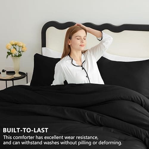 CozyLux King Size Comforter Set Black, 3 Pieces Solid Comforters King Size Breathable Quilted Style Bedding Set, Luxury Soft Microfiber Down Alternative Comforter Bed Set (1 Comforter & 2 Pillowcases) thumbnail 2