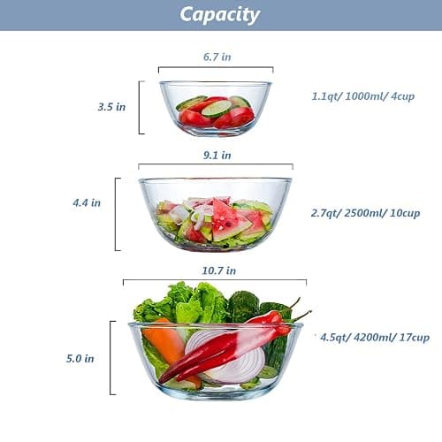 WhiteRhino Glass Mixing Bowls Glass Bowls with Lids Set(4.5QT,2.7QT, 1.1QT),Large Salad Bowls,glass mixing bowl Space-Saving Nesting Storage bowls for Cooking,Baking,Prepping,Dishwasher Safe thumbnail 3