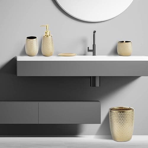 Modern Golden Small Trash Can Wastebasket, Garbage Container Bin for Bathrooms, Powder Rooms, Kitchens, Home Offices - Durable Ceramics - Round thumbnail 6