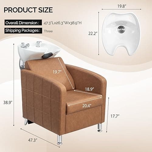 OmySalon Salon Shampoo Bowl and Chair, Shampoo Chair Extra Wide Seat & Porcelain Hair Washing Sink, Shampoo Unit for Beauty Spa Barbershop, Brown thumbnail 3
